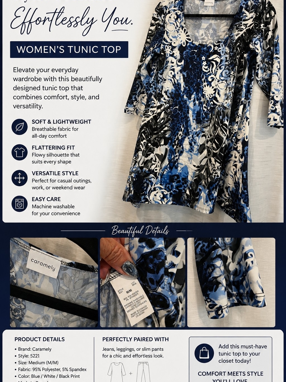 Caramel Women's Blue & White Floral Tunic Top